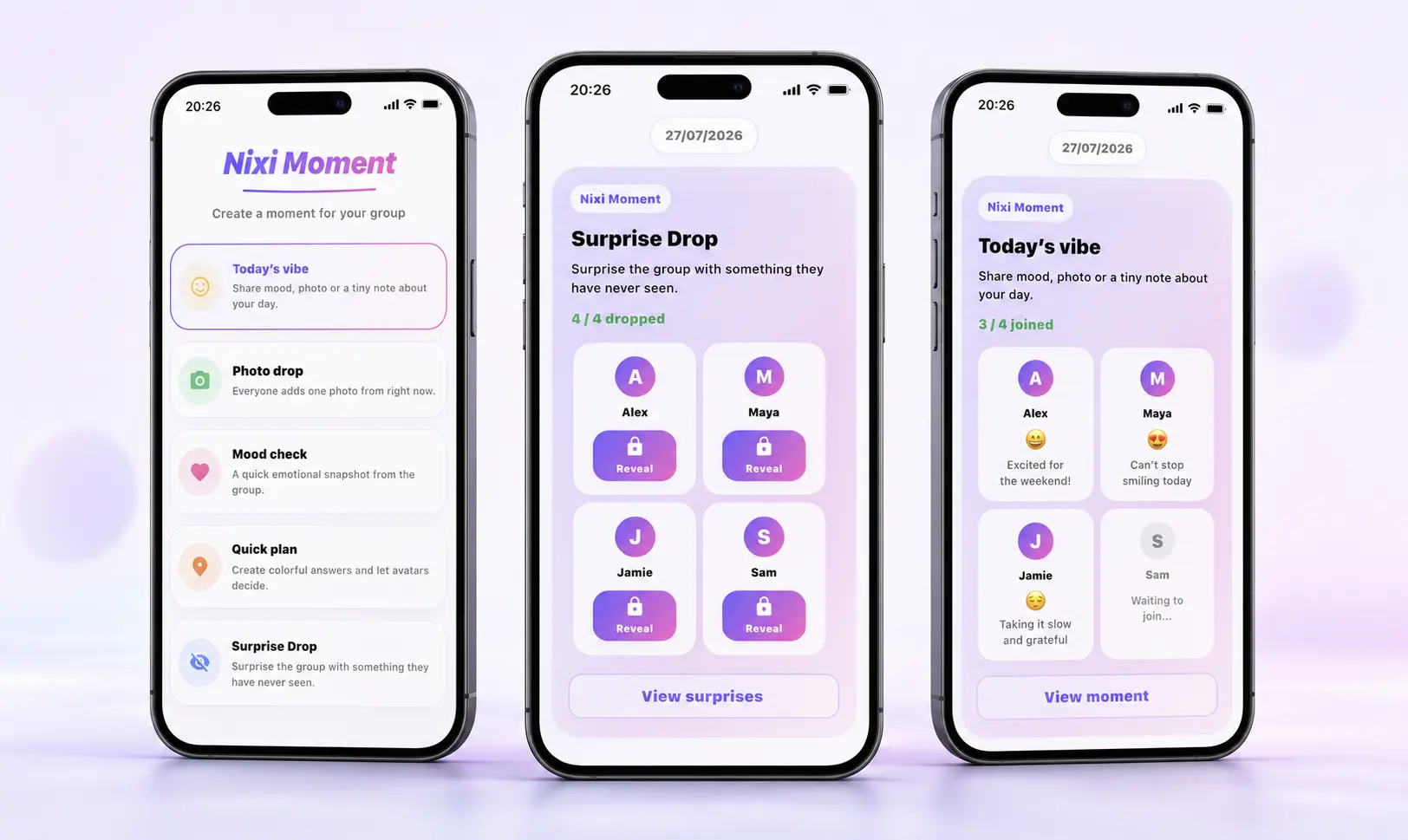 Three Nixi Moment screens showing a Moment start and group contributions