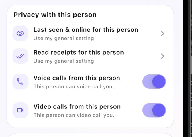 Personal privacy and call settings for one person