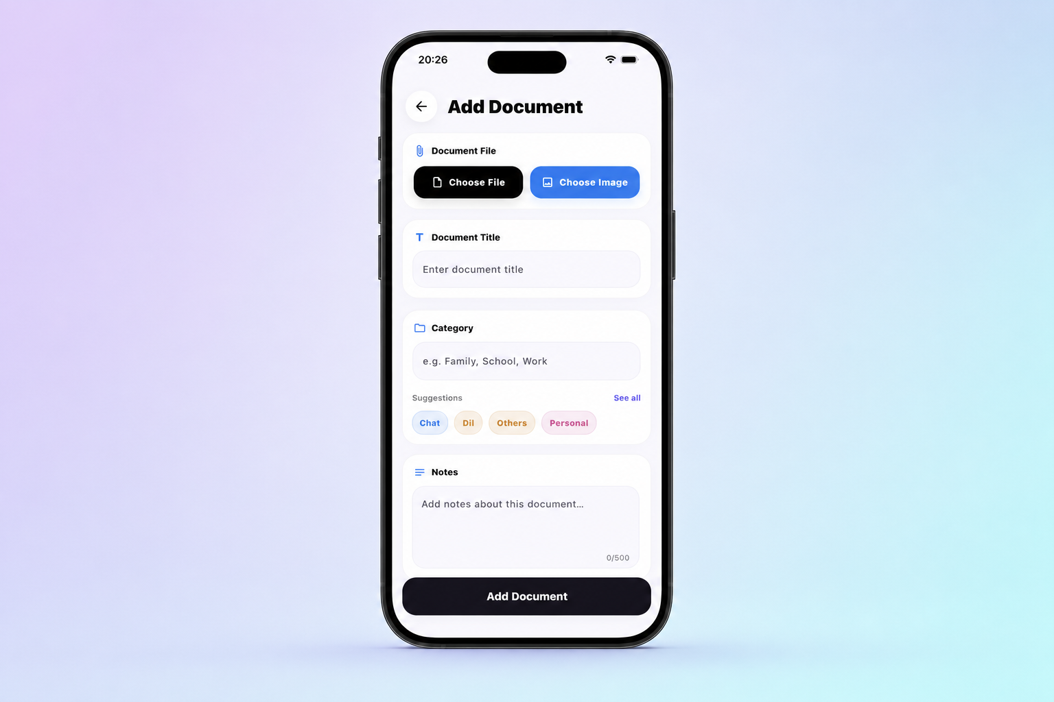 Nixi Add Document screen