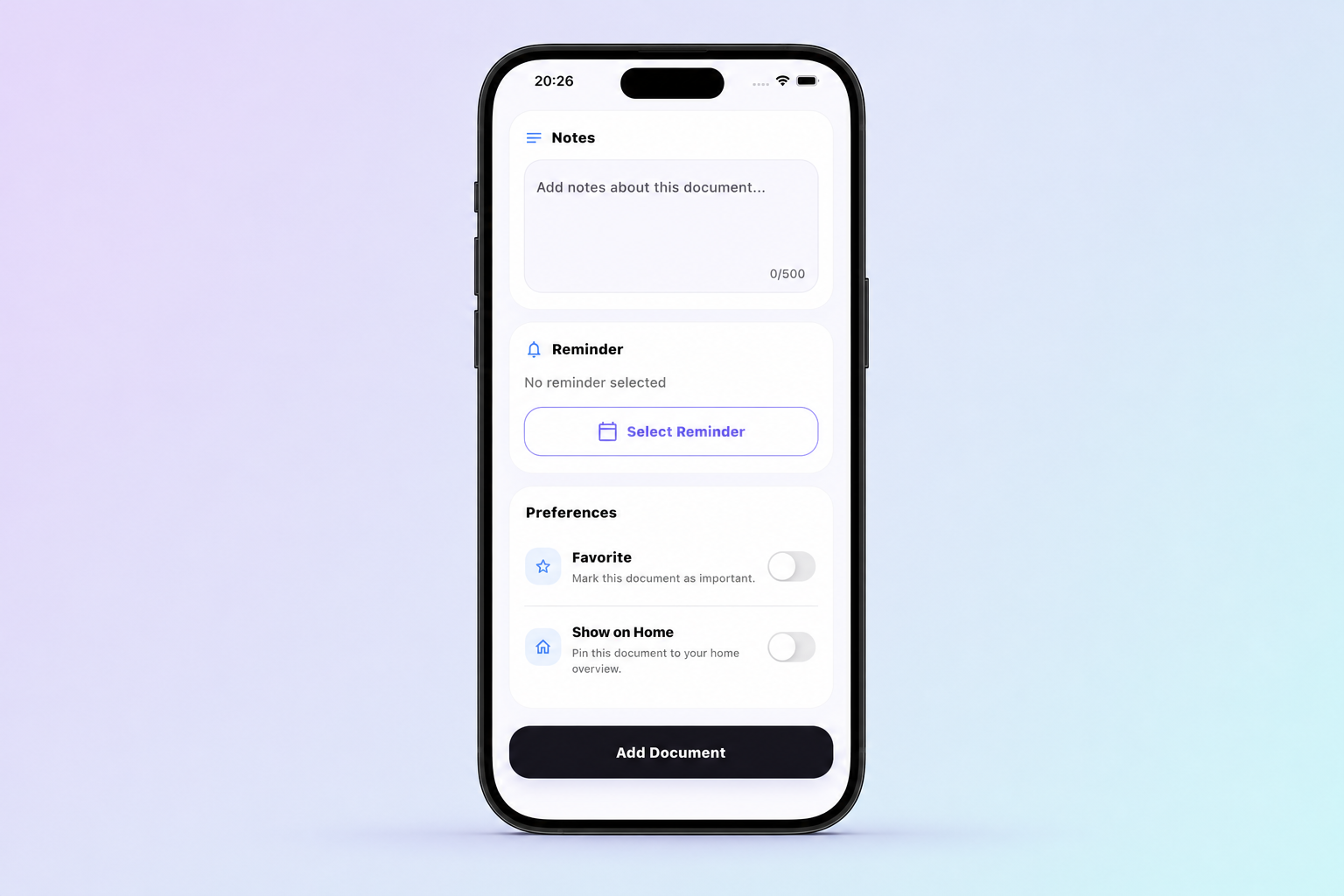Nixi Document preferences with favorite and Home controls