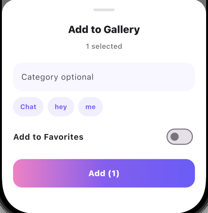 Nixi Add to Gallery sheet with category and favourite controls