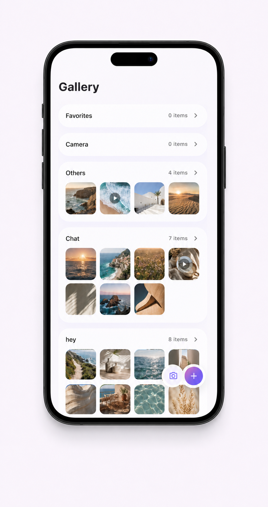 Nixi Gallery with photos and videos organized into categories
