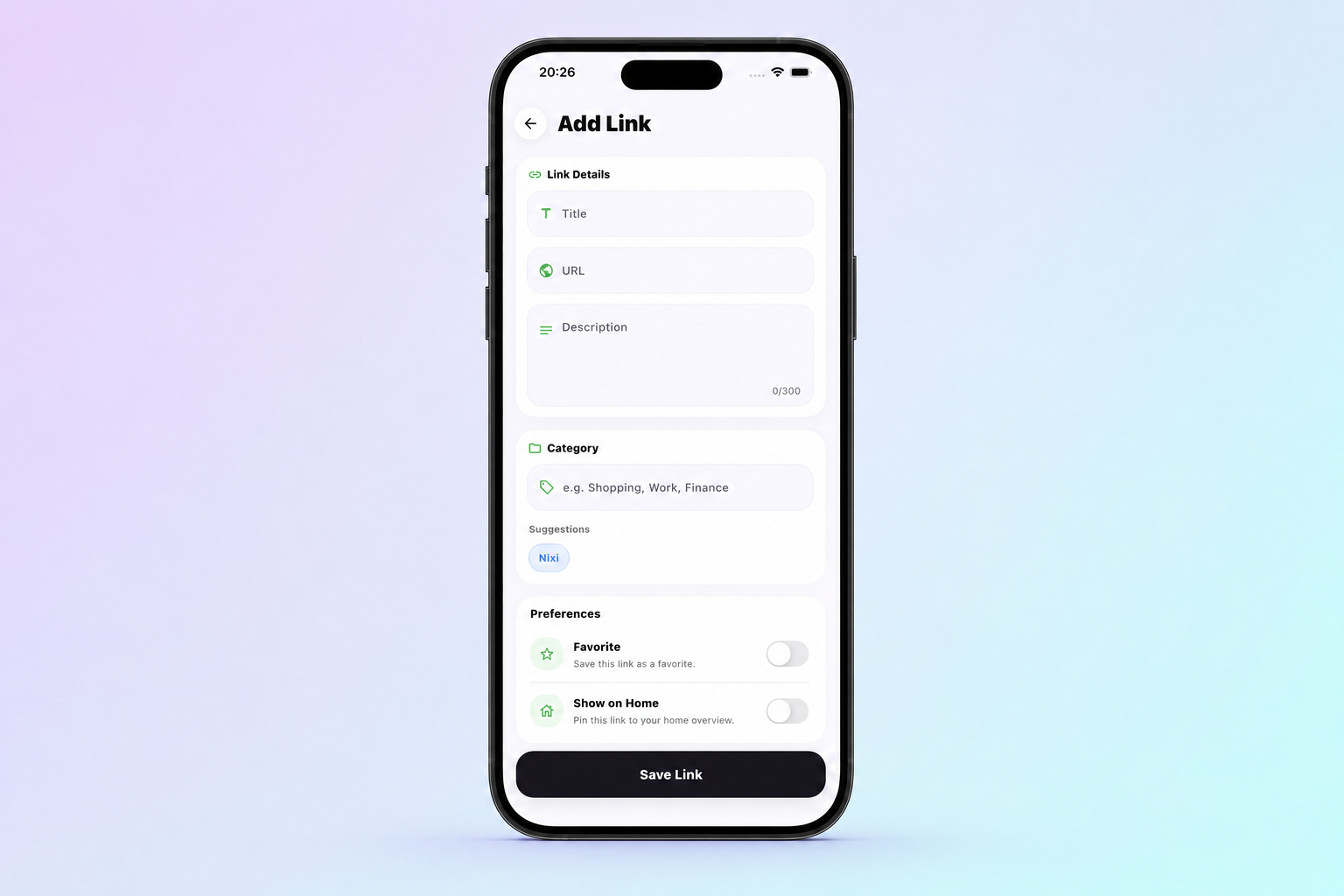 Nixi Add Link screen