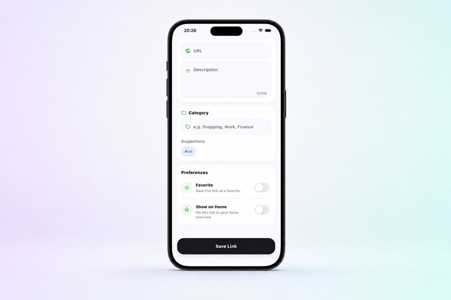 Nixi Link preferences with favorite and Home controls