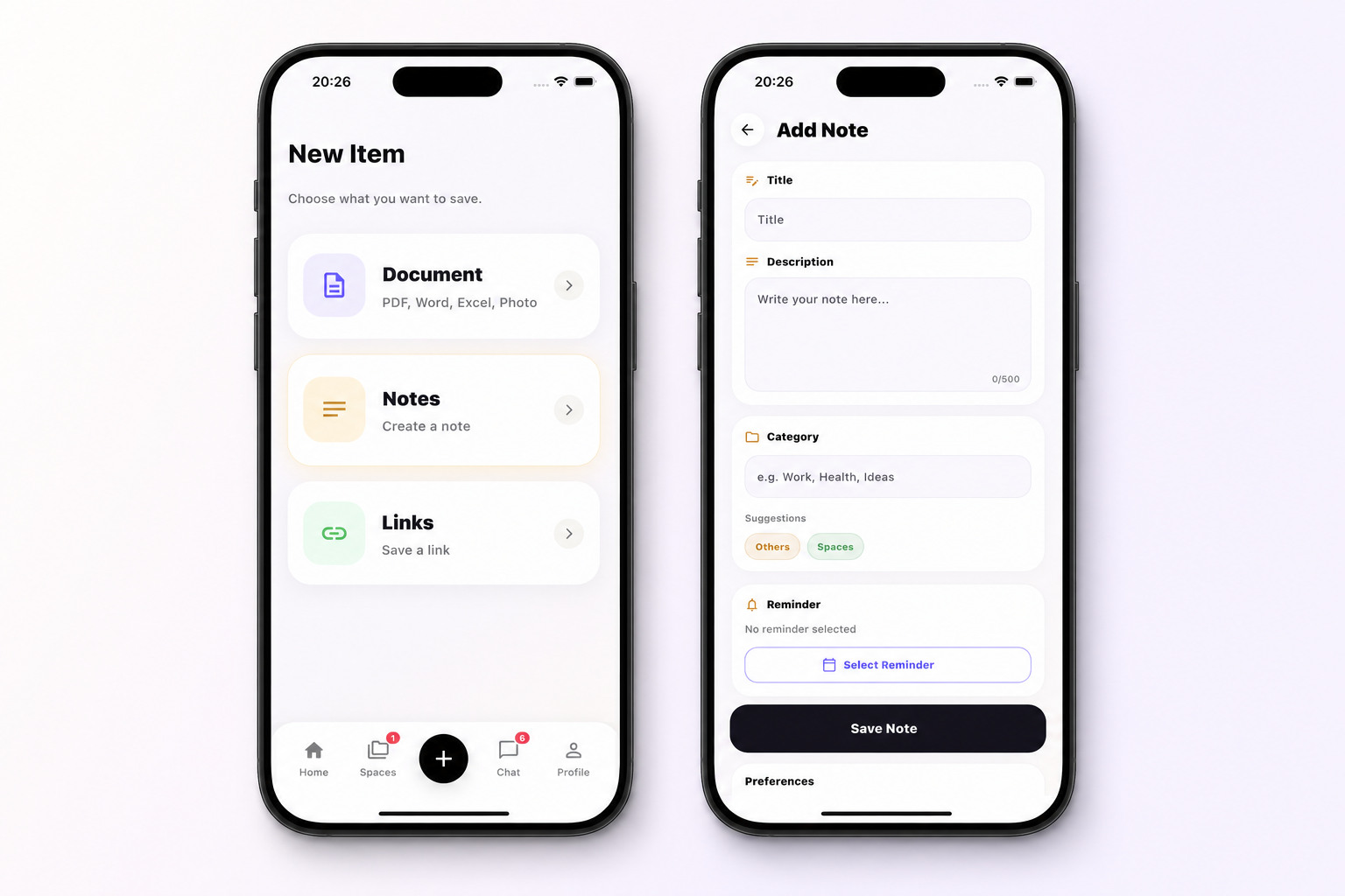 Nixi New Item and Add Note screens