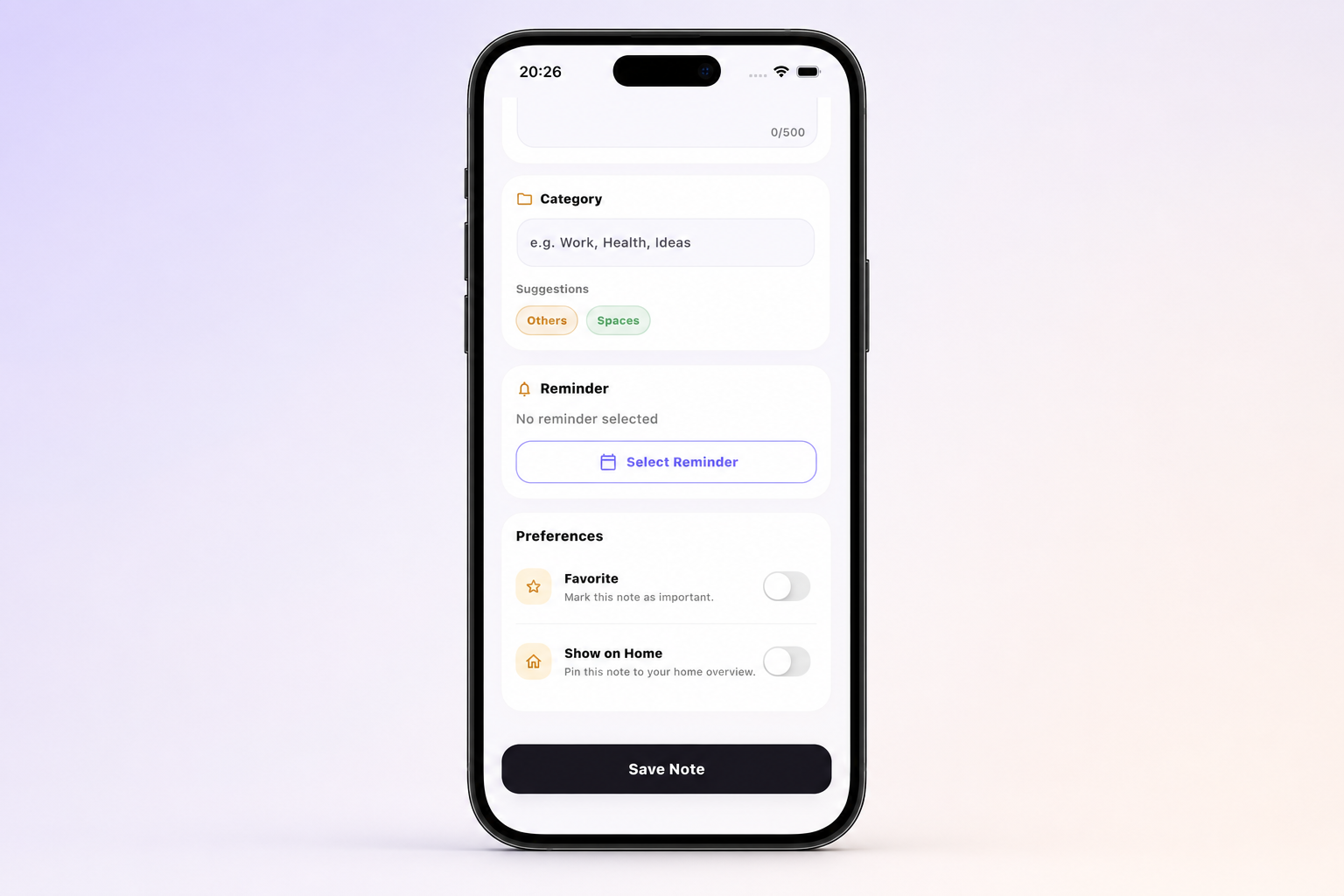 Nixi Note preferences with favorite and Home controls