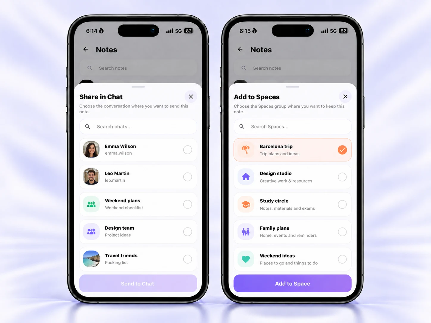Condivisione in Chat e selezione di un gruppo Spaces