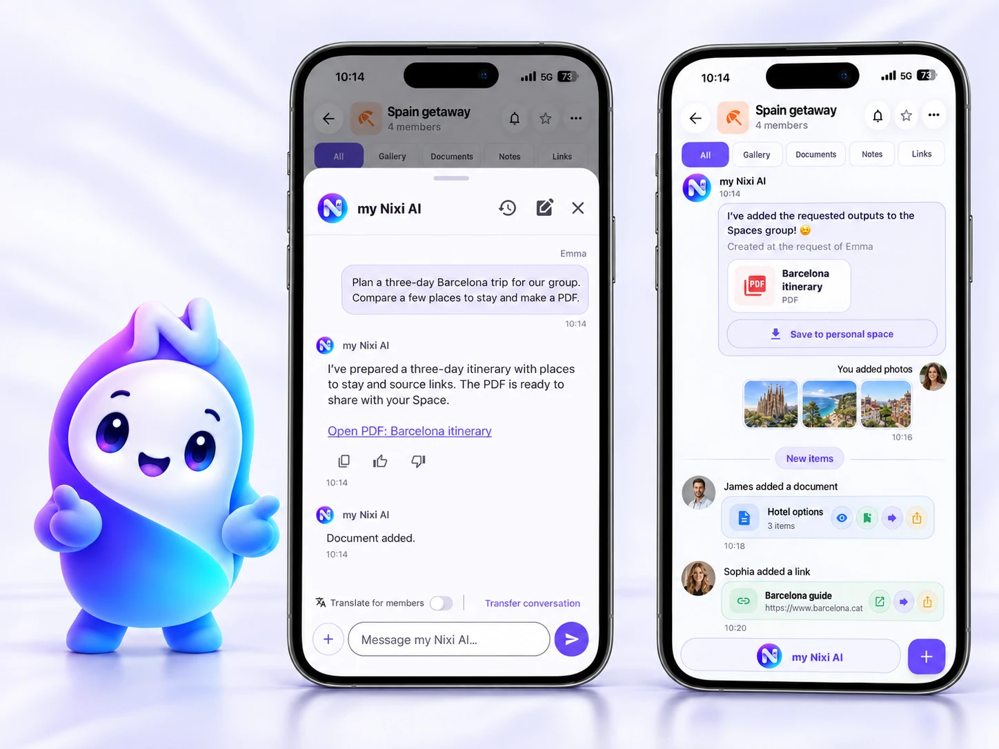 my Nixi AI maskotu, AI konuşması ve Space'te paylaşılan bir dosya