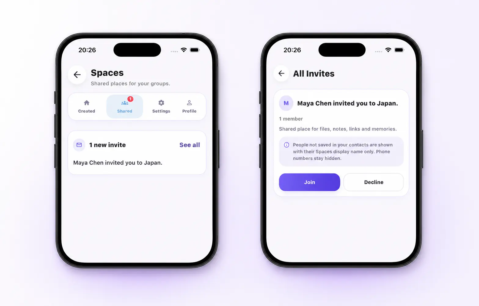 A Nixi Space invitation moving from Shared to a Join or Decline decision
