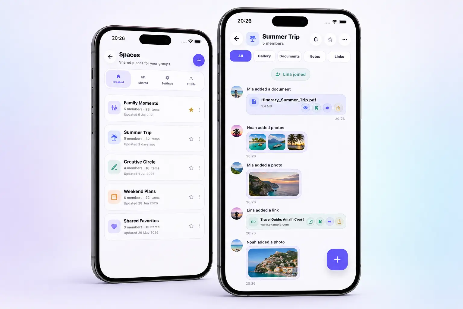 Nixi Spaces showing a Created list and mixed shared content