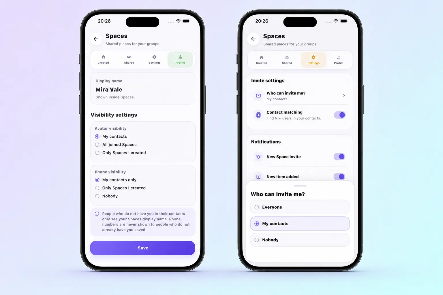 Nixi Spaces profile visibility and invitation controls